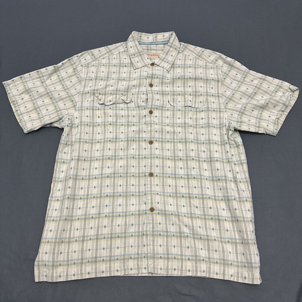 Tommy Bahama Shirt Men's size L Beige Green Blue Plaid Short Sleeve Silk Blend